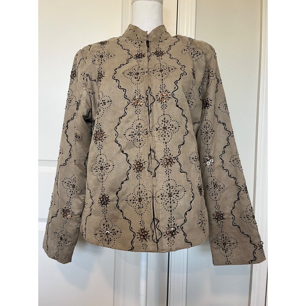 Vtg Anage Suede-Like Zip-Up Jacket Womens Sz M Art to Wear Sequins Embroidery